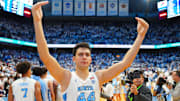 Nov 7, 2025; Chapel Hill, North Carolina, USA;  North Carolina Tar Heels guard Luka Bogavac (44) reacts at the end of the game at Dean E. Smith Center. 