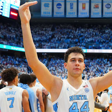 Nov 7, 2025; Chapel Hill, North Carolina, USA;  North Carolina Tar Heels guard Luka Bogavac (44) reacts at the end of the game at Dean E. Smith Center. 