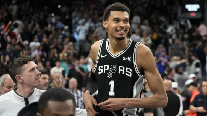 Mar 29, 2024; San Antonio, Texas, USA; San Antonio Spurs forwards Victor Wembanyama (1) reacts after beating the New York Knicks.