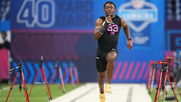 Minnesota defensive back Justin Walley runs in the 40-yard dash during the NFL Combine at Lucas Oil Stadium in Indianapolis on Feb. 28, 2025.