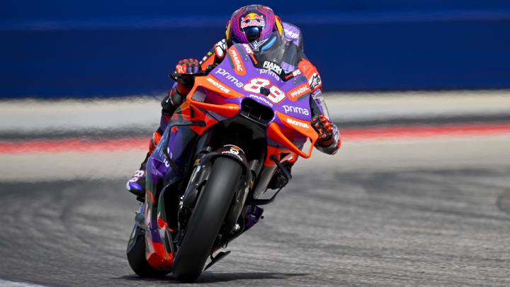 Apr 13, 2024; Austin, TX, USA; Jorge Martin (89) of Spain and Prima Pramac Racing rides during the qualifying session for the MotoGP Grand Prix of the Americas at Circuit of The Americas. Mandatory Credit: Jerome Miron-USA TODAY Sports