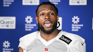 Jun 17, 2025; East Rutherford, NJ, USA; New York Giants linebacker Kayvon Thibodeaux (5) speaks at a press conference during minicamp at Quest Diagnostics Training Center. Mandatory Credit: John Jones-Imagn Images