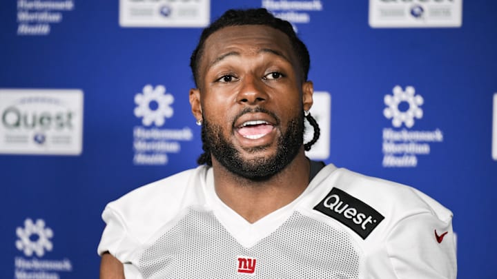 Jun 17, 2025; East Rutherford, NJ, USA; New York Giants linebacker Kayvon Thibodeaux (5) speaks at a press conference during minicamp at Quest Diagnostics Training Center. Mandatory Credit: John Jones-Imagn Images