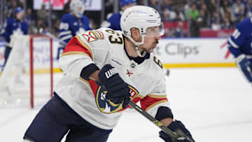May 18, 2025; Toronto, Ontario, CAN; Florida Panthers forward Brad Marchand (63) skates against the Toronto Maple Leafs during the second period of game seven of the second round of the 2025 Stanley Cup Playoffs at Scotiabank Arena.