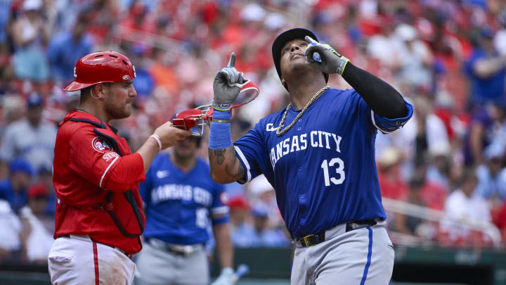 Kansas City Royals catcher Salvador Perez (13) reacts after hitting a solo home run against the St. Louis Cardinals during the sixth inning at Busch Stadium on July 10.