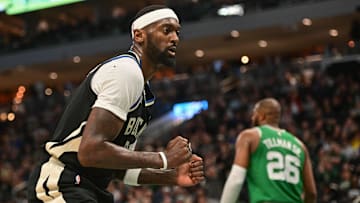 Milwaukee Bucks forward Bobby Portis (9) reacts after scoring a basket against the Boston Celtics in the second quarter at Fiserv Forum. 