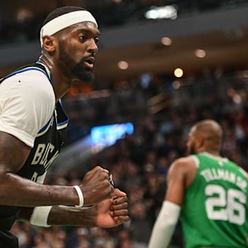 Milwaukee Bucks forward Bobby Portis (9) reacts after scoring a basket against the Boston Celtics in the second quarter at Fiserv Forum. 