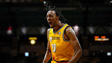 Nov 27, 2024; Columbia, Missouri, USA; Missouri Tigers guard Aidan Shaw (23) celebrates after scoring during the second half against the Lindenwood Lions at Mizzou Arena. Mandatory Credit: Jay Biggerstaff-Imagn Images