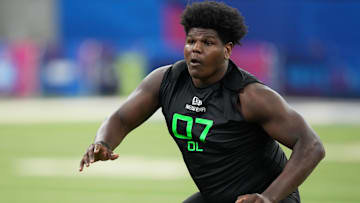 Mar 2, 2025; Indianapolis, IN, USA; Oregon offensive lineman Josh Conerly (OL07) during the 2025 NFL Combine at Lucas Oil Stadium. Mandatory Credit: Kirby Lee-Imagn Images