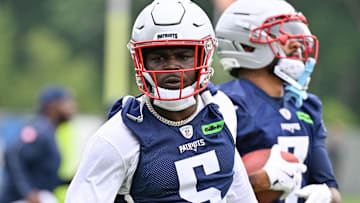 Jun 9, 2025; Foxborough, MA, USA; New England Patriots safety Jabrill Peppers (5) works out at minicamp at Gillette Stadium. Mandatory Credit: Eric Canha-Imagn Images