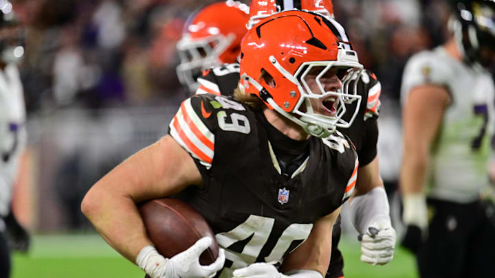 Nov 16, 2025; Cleveland, Ohio, USA; Cleveland Browns linebacker Carson Schwesinger (49) celebrates an interception during the third quarter against the Baltimore Ravens at Huntington Bank Field. Mandatory Credit: Ken Blaze-Imagn Images
