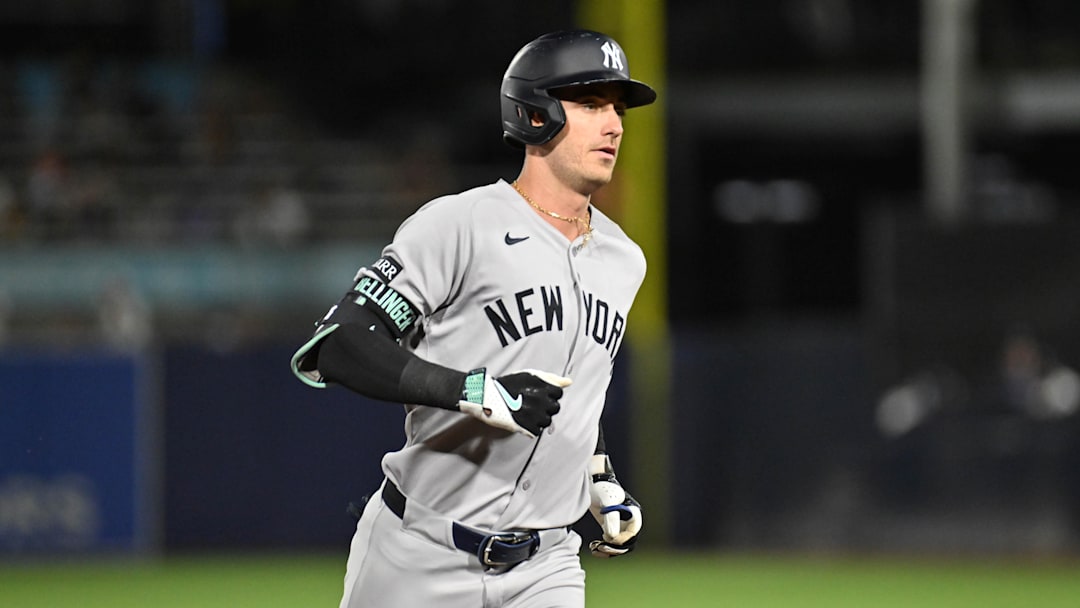 Aug 19, 2025; St. Petersburg, Florida, USA; New York Yankees left fielder Cody Bellinger (35) rounds the bases after hitting a solo home run in the first inning against the Tampa Bay Rays  at George M. Steinbrenner Field. Mandatory Credit: Jonathan Dyer-Imagn Images