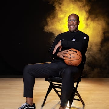 Sep 30, 2024; Sacramento, CA, USA; Sacramento Kings head coach Mike Brown during media day at Golden 1 Center. Mandatory Credit: Sergio Estrada-Imagn Images