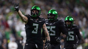 Dec 7, 2024; Indianapolis, IN, USA; Oregon Ducks tight end Terrance Ferguson (3) celebrates after a run for a gain against the Penn State Nittany Lions during the fourth quarter in the 2024 Big Ten Championship game at Lucas Oil Stadium.