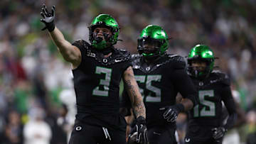 Dec 7, 2024; Indianapolis, IN, USA; Oregon Ducks tight end Terrance Ferguson (3) celebrates after a run for a gain against the Penn State Nittany Lions during the fourth quarter in the 2024 Big Ten Championship game at Lucas Oil Stadium. Mandatory Credit: Jordan Prather-Imagn Images