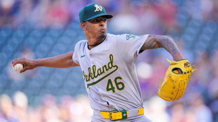 Jun 13, 2024; Minneapolis, Minnesota, USA; Oakland Athletics pitcher Luis Medina (46) pitches against the Minnesota Twins in the first inning at Target Field. Mandatory Credit: Brad Rempel-USA TODAY Sports