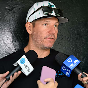 Jun 26, 2025; San Francisco, California, USA; Miami Marlins manager Clayton McCullough speaks to media before their game against the San Francisco Giants at Oracle Park. Mandatory Credit: Eakin Howard-Imagn Images
