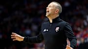 Mar 20, 2025; Lexington, KY, USA; Louisville Cardinals head coach Pat Kelsey calls to his team during the second half against the Creighton Bluejays in the first round of the NCAA Tournament at Rupp Arena. Mandatory Credit: Jordan Prather-Imagn Images