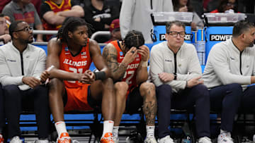 Mar 23, 2025; Milwaukee, WI, USA;  Illinois Fighting Illini forward Morez Johnson Jr. (21) and Illinois Fighting Illini guard Tre White (22) react on the bench during the second half in the second round of the NCAA Tournament against the Kentucky Wildcats at Fiserv Forum. Mandatory Credit: Jeff Hanisch-Imagn Images