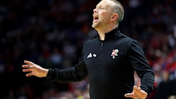 Mar 20, 2025; Lexington, KY, USA; Louisville Cardinals head coach Pat Kelsey calls to his team during the second half against the Creighton Bluejays in the first round of the NCAA Tournament at Rupp Arena. 