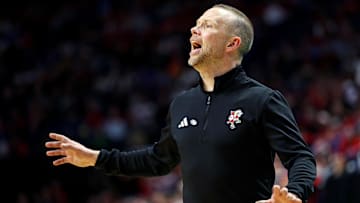 Mar 20, 2025; Lexington, KY, USA; Louisville Cardinals head coach Pat Kelsey calls to his team during the second half against the Creighton Bluejays in the first round of the NCAA Tournament at Rupp Arena. 