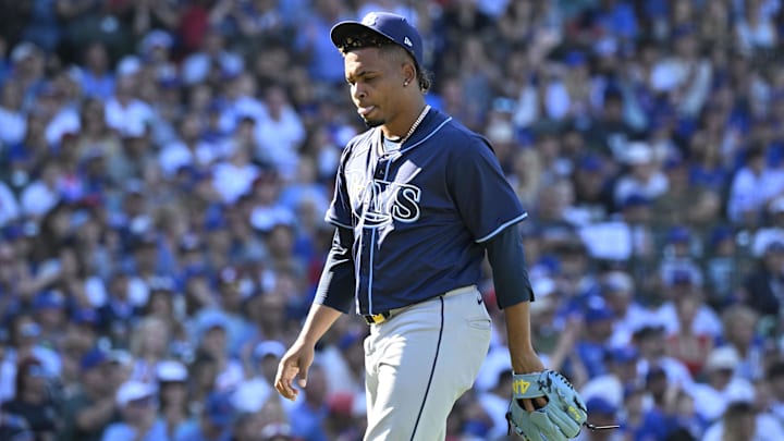 Sep 14, 2025; Chicago, Illinois, USA;  Tampa Bay Rays pitcher Edwin Uceta (63) sticks his tongue out after the Chicago Cubs score during the seventh inning at Wrigley Field. Mandatory Credit: Matt Marton-Imagn Images