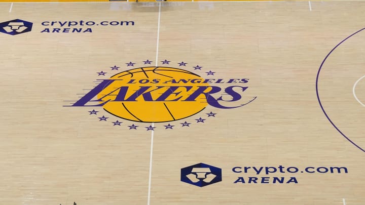 Dec 18, 2023; Los Angeles, California, USA; The Los Angeles Lakers logo at center court at the Crypto.com Arena. Mandatory Credit: Kirby Lee-USA TODAY Sports