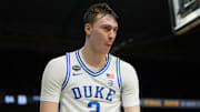 Apr 5, 2025; San Antonio, TX, USA; Duke Blue Devils forward Cooper Flagg (2) reacts after a play against the Houston Cougars during the second half in the semifinals of the men's Final Four of the 2025 NCAA Tournament at the Alamodome. Mandatory Credit: Bob Donnan-Imagn Images
