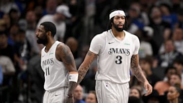 Feb 8, 2025; Dallas, Texas, USA; Dallas Mavericks guard Kyrie Irving (11) and forward Anthony Davis (3) during the game between the Dallas Mavericks and the Houston Rockets at the American Airlines Center. Mandatory Credit: Jerome Miron-Imagn Images