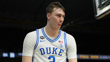 Duke Blue Devils forward Cooper Flagg reacts after a play against the Houston Cougars during the 2025 NCAA Tournament.