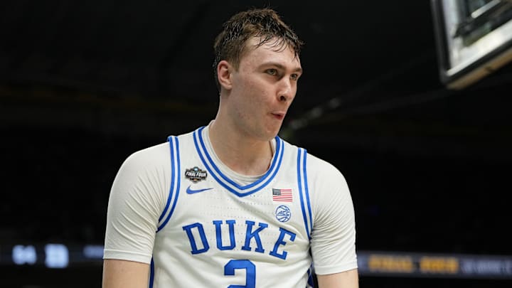 Duke Blue Devils forward Cooper Flagg reacts after a play against the Houston Cougars during the 2025 NCAA Tournament.