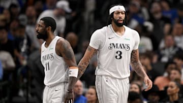 Feb 8, 2025; Dallas, Texas, USA; Dallas Mavericks guard Kyrie Irving (11) and forward Anthony Davis (3) during the game between the Dallas Mavericks and the Houston Rockets at the American Airlines Center. Mandatory Credit: Jerome Miron-Imagn Images