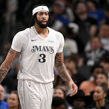 Feb 8, 2025; Dallas, Texas, USA; Dallas Mavericks guard Kyrie Irving (11) and forward Anthony Davis (3) during the game between the Dallas Mavericks and the Houston Rockets at the American Airlines Center. Mandatory Credit: Jerome Miron-Imagn Images