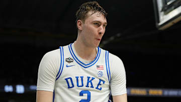Duke Blue Devils forward Cooper Flagg reacts after a play against the Houston Cougars. 
