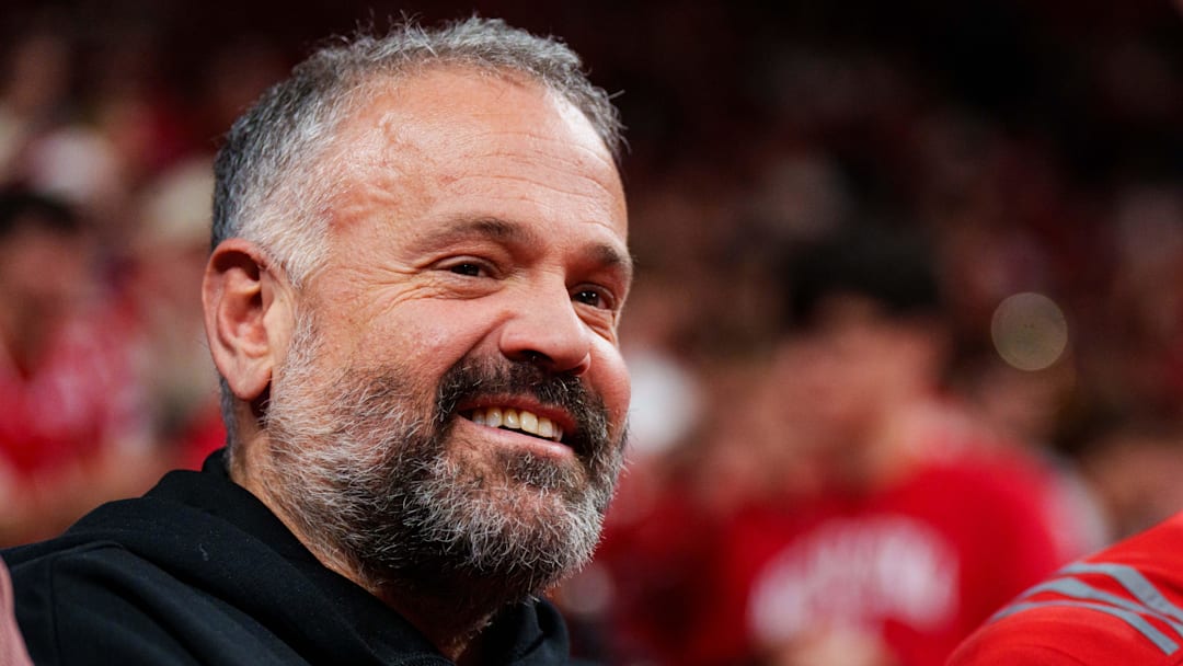 Dec 7, 2025; Lincoln, Nebraska, USA; Nebraska Cornhuskers football head coach Matt Rhule watches during the second half against the Creighton Bluejays at Pinnacle Bank Arena. Dec 7, 2025; Lincoln, Nebraska, USA; Nebraska Cornhuskers football head coach Matt Rhule watches during the second half against the Creighton Bluejays at Pinnacle Bank Arena.