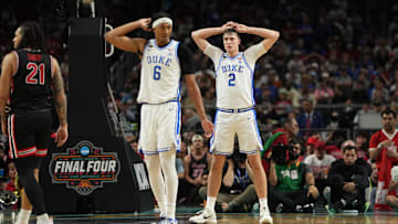 Apr 5, 2025; San Antonio, TX, USA; Duke Blue Devils forward Cooper Flagg (2) and forward Maliq Brown (6) react after a play against the Houston Cougars during the second half in the semifinals of the men's Final Four of the 2025 NCAA Tournament at the Alamodome. Mandatory Credit: Bob Donnan-Imagn Images