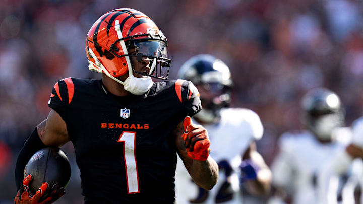 Cincinnati Bengals wide receiver Ja'Marr Chase (1) scores a touchdown on a reception in the fourth quarter of the NFL game at Paycor Stadium in Cincinnati on Sunday, Oct. 6, 2024.