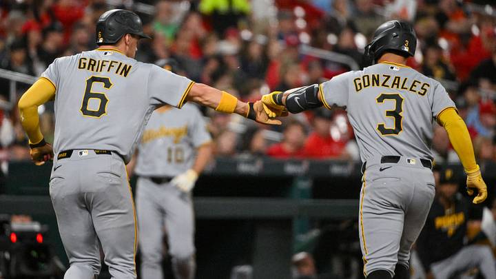 May 20, 2026; St. Louis, Missouri, USA; Pittsburgh Pirates shortstop Konnor Griffin (6) celebrates with third baseman Nick Gonzales (3) after he scored on a sacrifice fly hit by Gonzales during the sixth inning against the St. Louis Cardinals at Busch Stadium. Mandatory Credit: Jeff Curry-Imagn Images