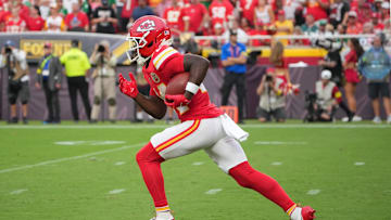 Sep 14, 2025; Kansas City, Missouri, USA; Kansas City Chiefs running back Brashard Smith (24) returns a kick against the Philadelphia Eagles during the game at GEHA Field at Arrowhead Stadium. Mandatory Credit: Denny Medley-Imagn Images