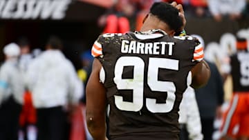 Nov 3, 2024; Cleveland, Ohio, USA; Cleveland Browns defensive end Myles Garrett (95) walks off the field after the Browns lost to the Los Angeles Chargers at Huntington Bank Field. Mandatory Credit: Ken Blaze-Imagn Images