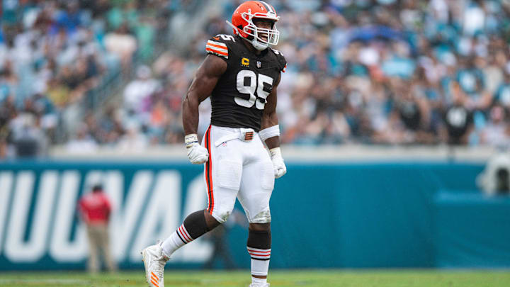 Sep 15, 2024; Jacksonville, Florida, USA; Cleveland Browns defensive end Myles Garrett (95) celebrates a stop against the Jacksonville Jaguars in the third quarter at EverBank Stadium. Mandatory Credit: Jeremy Reper-Imagn Images