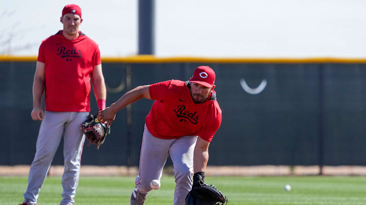 Cincinnati Reds catcher Jose Trevino (35) fields a ground ball in a catchers drill at the Cincinnati Reds Player Development Complex in Goodyear, Ariz., on Friday, Feb. 14, 2025. Cincinnati Reds catcher Jose Trevino (35) fields a ground ball in a catchers drill at the Cincinnati Reds Player Development Complex in Goodyear, Ariz., on Friday, Feb. 14, 2025.