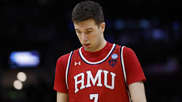 Mar 21, 2025; Cleveland, OH, USA; Robert Morris Colonials forward Alvaro Folgueiras (7) reacts in the second half against the Alabama Crimson Tide during the NCAA Tournament First Round at Rocket Arena. Mandatory Credit: Rick Osentoski-Imagn Images