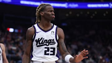 Oct 29, 2024; Salt Lake City, Utah, USA; Sacramento Kings guard Keon Ellis (23) reacts to being called for a foul against the Utah Jazz during the third quarter at Delta Center. Mandatory Credit: Rob Gray-Imagn Images