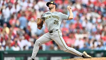 Jun 5, 2024; Philadelphia, Pennsylvania, USA; Milwaukee Brewers starting pitcher Aaron Ashby (26) throws a pitch against the Philadelphia Phillies in the fifth inning at Citizens Bank Park. Mandatory Credit: Kyle Ross-USA TODAY Sports