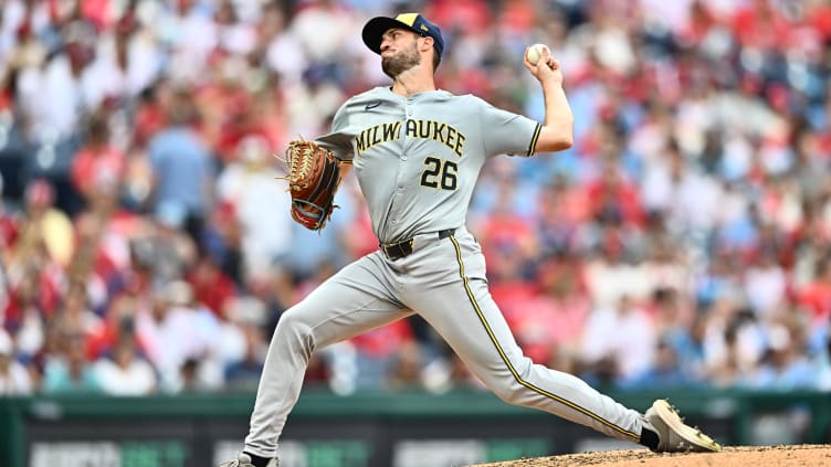 Jun 5, 2024; Philadelphia, Pennsylvania, USA; Milwaukee Brewers starting pitcher Aaron Ashby (26) throws a pitch against the Philadelphia Phillies in the fifth inning at Citizens Bank Park. Mandatory Credit: Kyle Ross-USA TODAY Sports