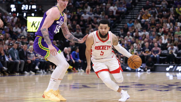 Apr 11, 2024; Salt Lake City, Utah, USA; Houston Rockets guard Fred VanVleet (5) dribbles