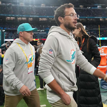 Miami Dolphins head coach Mike McDaniel walks onto the field prior to the 2025 NFL Madrid Game against the Washington Commanders at Santiago Bernabeu Stadium.