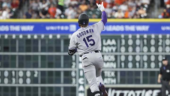 Apr 14, 2026; Houston, Texas, USA; Colorado Rockies catcher Hunter Goodman (15) rounds the bases after hitting a home run during the fifth inning against the Houston Astros at Daikin Park. Mandatory Credit: Troy Taormina-Imagn Images