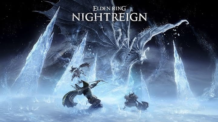 Three warriors face off against an ice dragon in key art